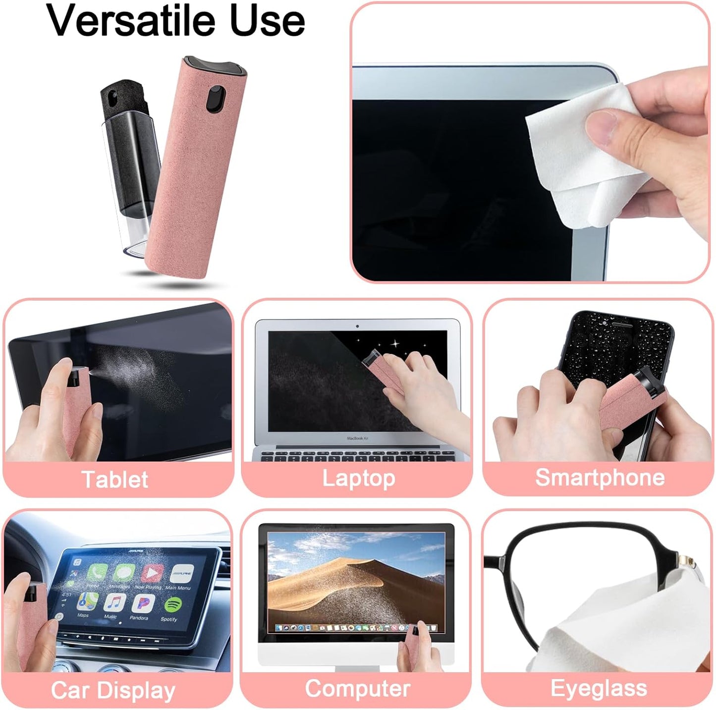 2Pcs Screen Cleaner Spray and Wipe for Laptop Monitor and Car Screens, Phone Touchscreen Mist Cleaning Kit for Cellphone, Tablet, PC, Computer, LCD, Eyeglass, iPhone, iPad, Mac Pro - Black and Pink