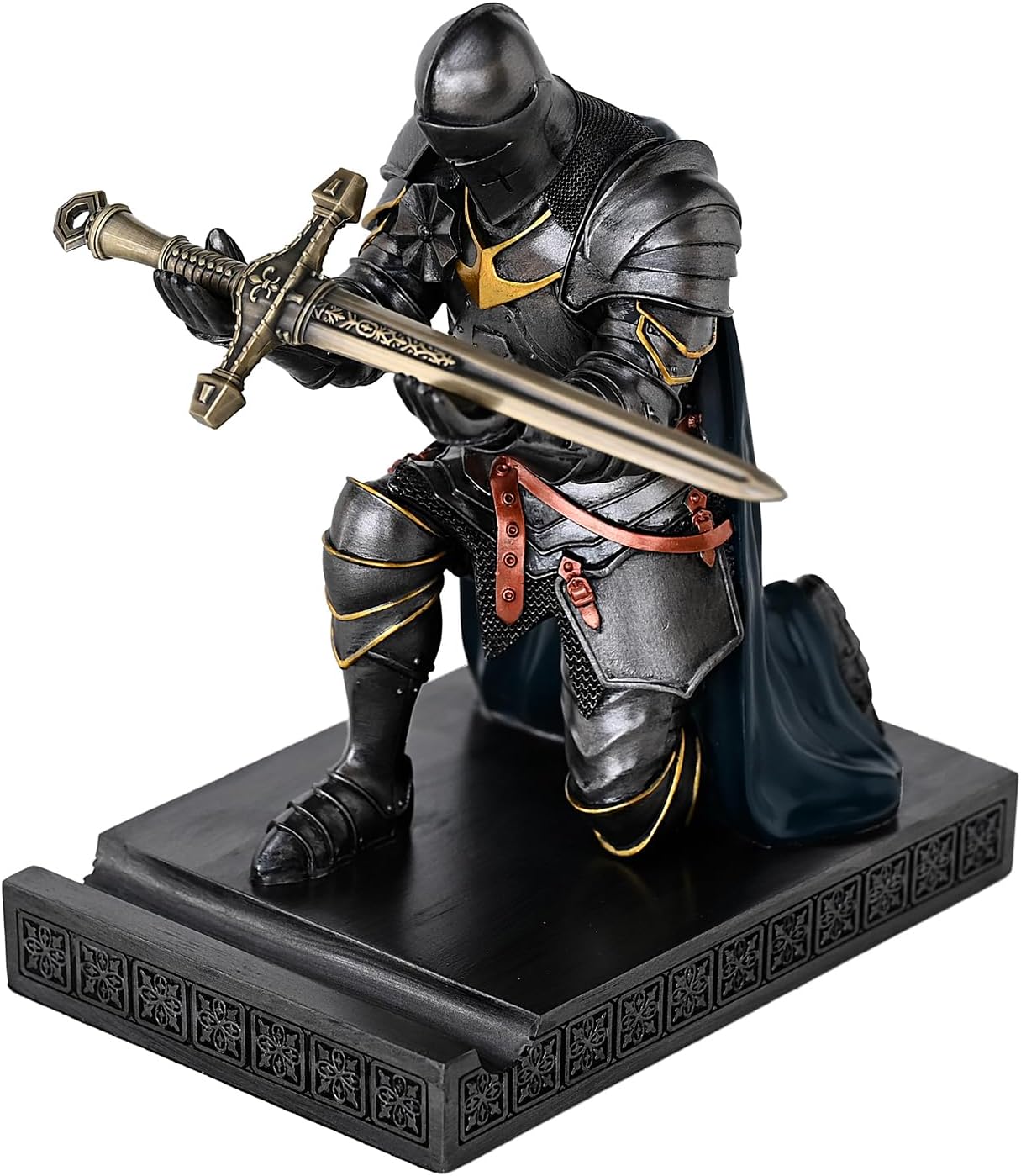 Medieval Armored Warrior Wearing Outerwear, Mobile Phone Stand Knight Pen Holder Desk Organizers, Resin Bookends Paperweight with a Letter Opener for Desk (Iron&Green)