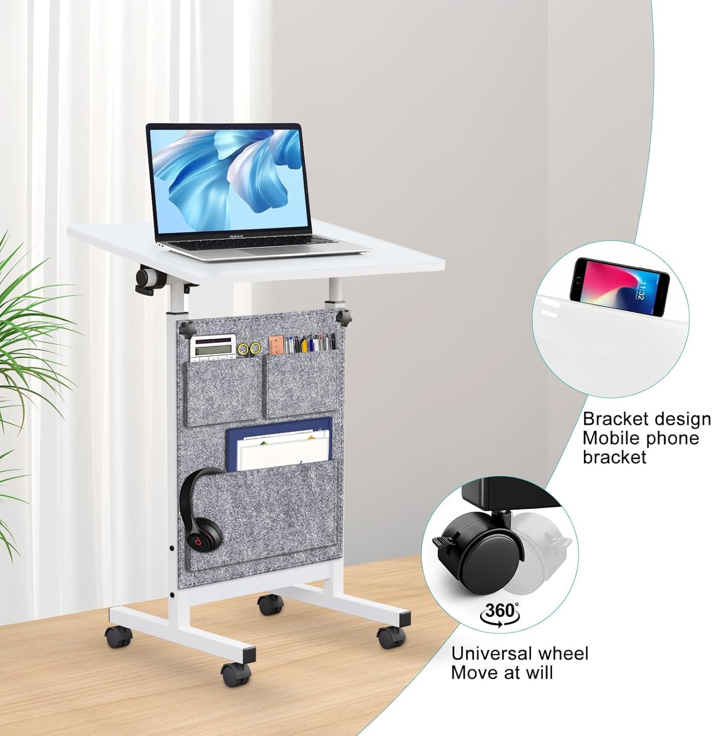 KOUPA Adjustable Height Standing Desk, Writable Tempered Glass Desktop with Eraser, 360° Flip, Wheels and Bag– Ideal for Small Spaces and Home Offices, 24 in, White(Adjustable Height: 32-47 in)