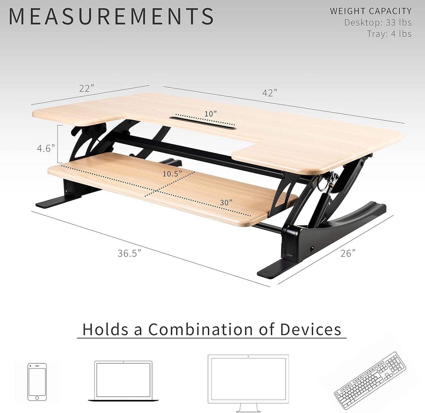 VIVO 42 inch Height Adjustable Stand Up Desk Converter, V Series, Quick Sit to Stand Tabletop Dual Monitor Riser Workstation, Light Wood Top, Black Frame, DESK-V000VLO