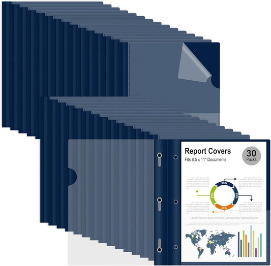 Ndsox 30 Packs Clear Front Report Covers with 3-Prong Fasteners Plastic Project Presentation Folders Resume Document Covers with Navy Blue Back for 8.5x11" Letter Size Paper for School Office Business