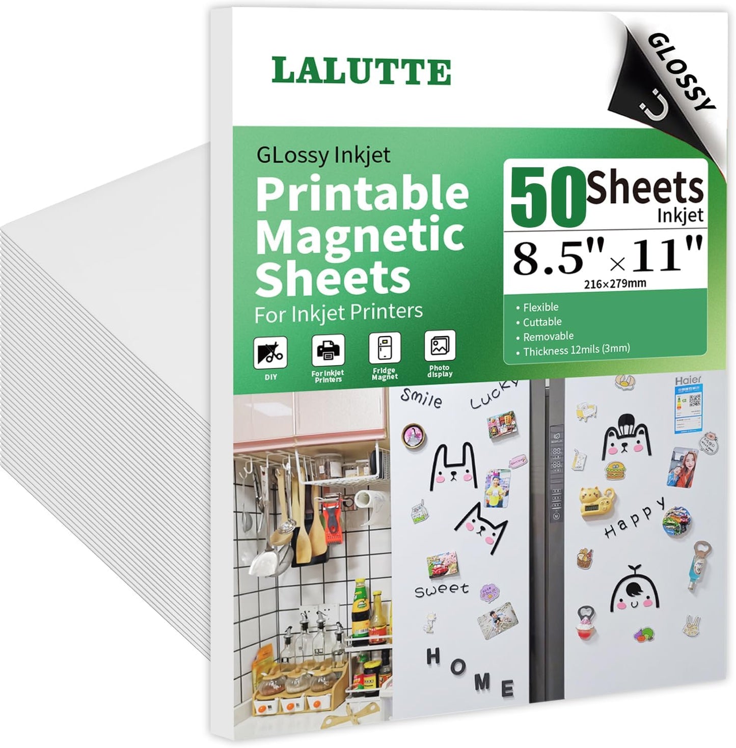 50 Sheets Printable Magnetic Sheets 8.5x11 Inches for Inkjet Printers, Glossy White Magnetic Print Paper, 12mil Thickness, Flexible Magnet Photo Paper for Refrigerator DIY Crafts