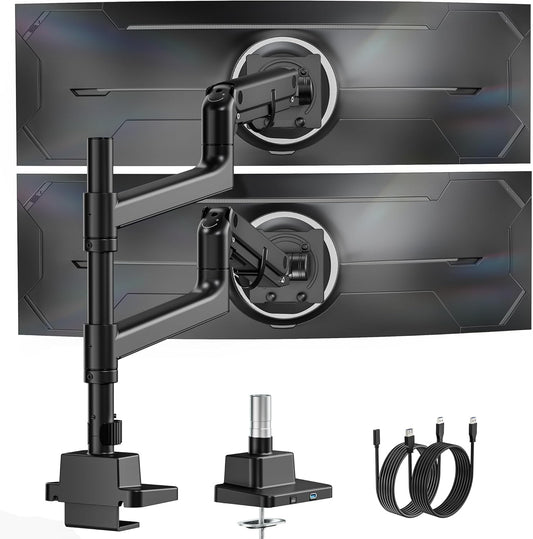 monTEK 17-57 Inch Dual Ultrawide Monitor Arm for Up to 59.4lbs Screen, Aluminum Heavy-Duty Gas Spring Vertical Stackable Curved Screen Adjustable Monitor Stand,75/100mm Vesa Mount, Black