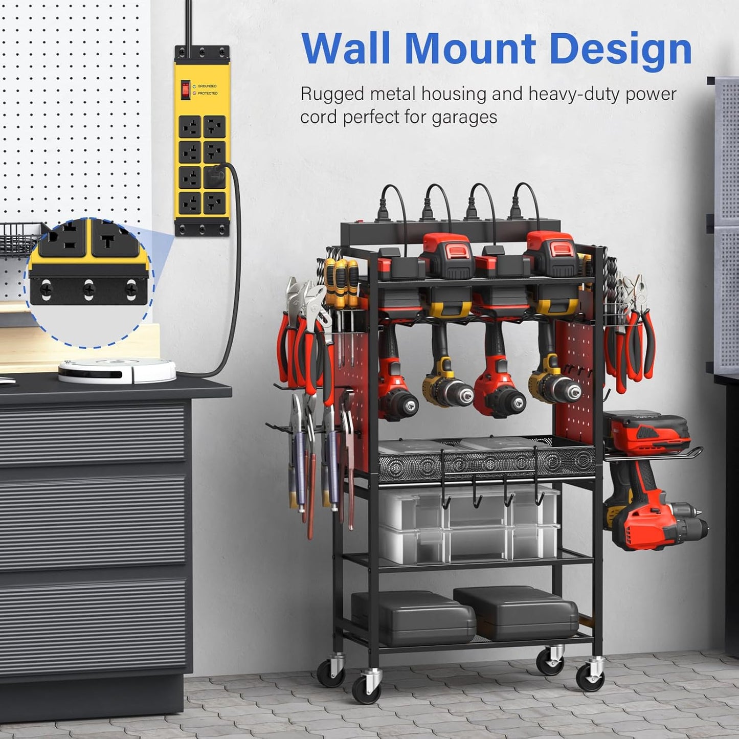 CCCEI Yellow Heavy Duty Power Strip Surge Protector 20 AMP, 8 Outlets 12 Gauge Industrial Shop Garage Metal Multiple Outlets, 20 FT Extension Cord 5-15P Adapter High Amp 6-20R T-Slot 20a for Appliance