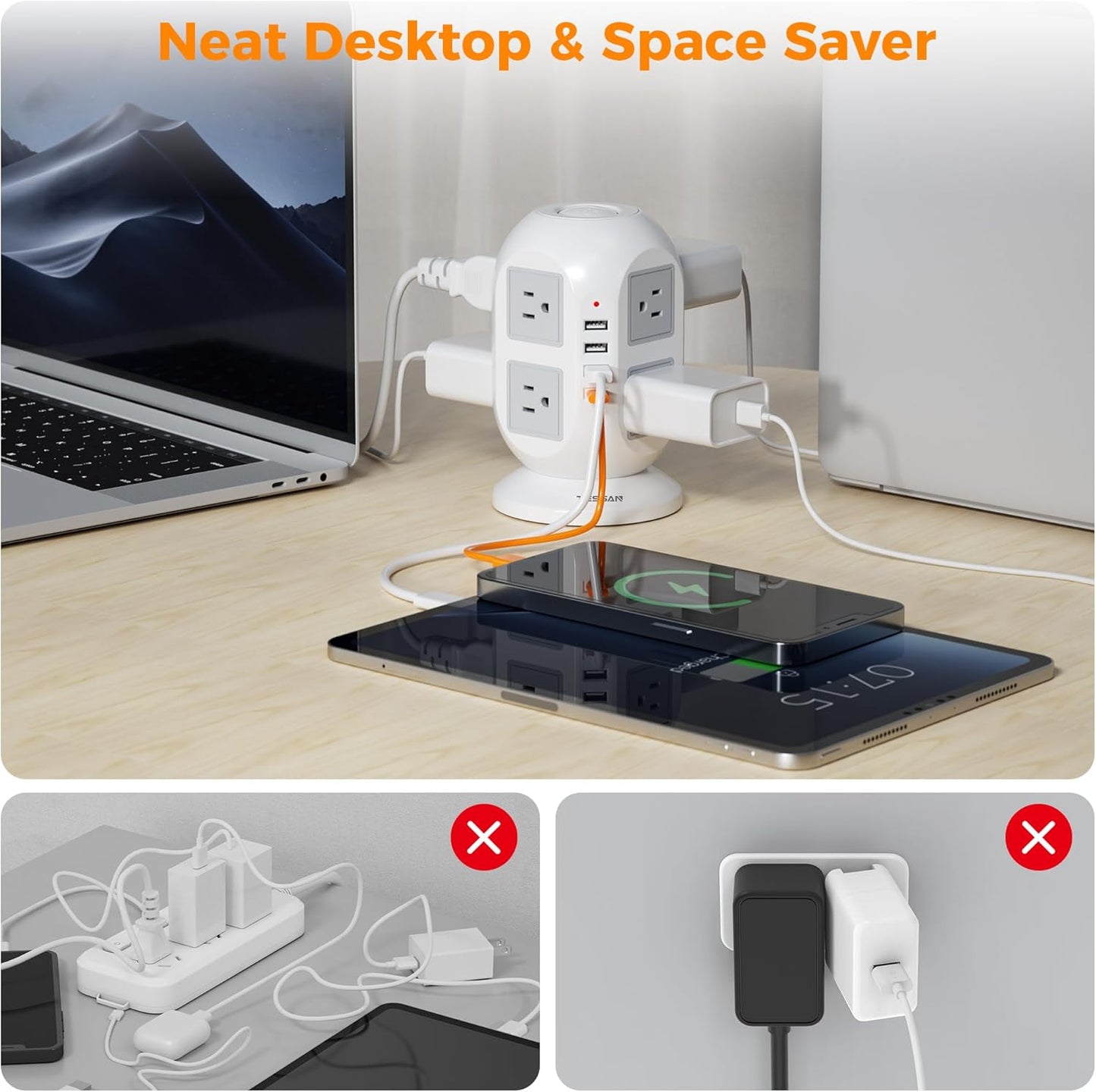 Tower Surge Protector Power Strip 10 ft, TESSAN Long Flat Extension Cord with Multiple Outlets, 8 AC Outlets with 4 USB Ports (1 USB C), Charging Station with Surge Protection, for Home Office Dorm