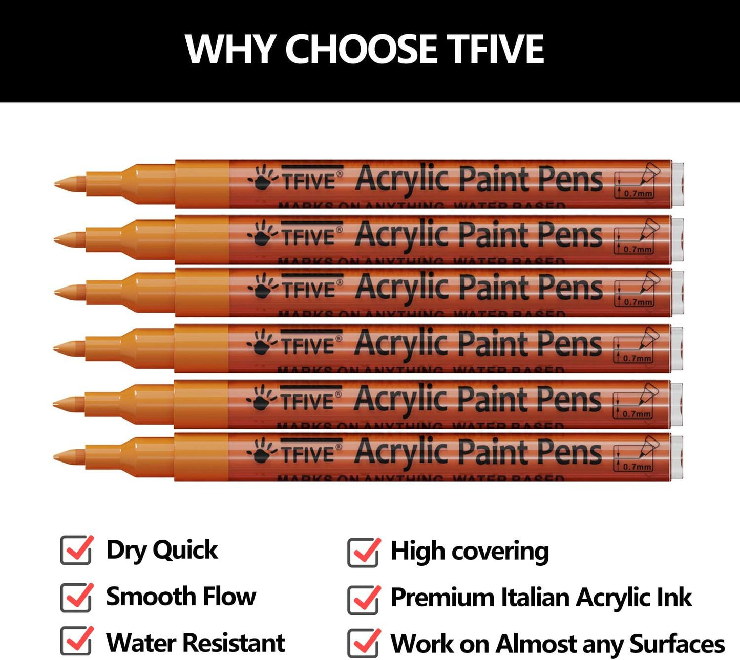 Orange Marker Paint Pens - 6 Pack Acrylic Orange Permanent Marker, 0.7mm Extra Fine Tip Paint Pen for Art Projects, Drawing, Rock Painting, Ceramic, Glass, Wood, Plastic, Metal, Canvas DIY Crafts