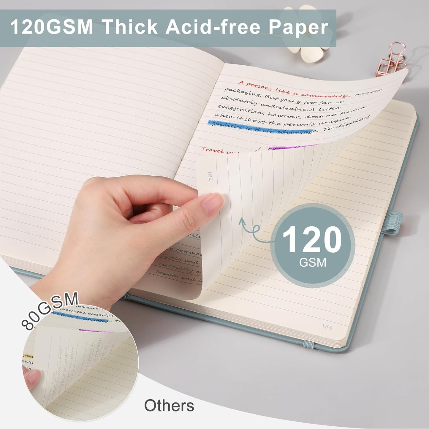 EMSHOI College Ruled Notebook Lined Journal - 120gsm Thick 256 Numbered Pages, A5 Hardcover Leather Writing Notebook for Work School Travel Women & Men - with Sticky Notes, 5.75"x8.38", LightBlue