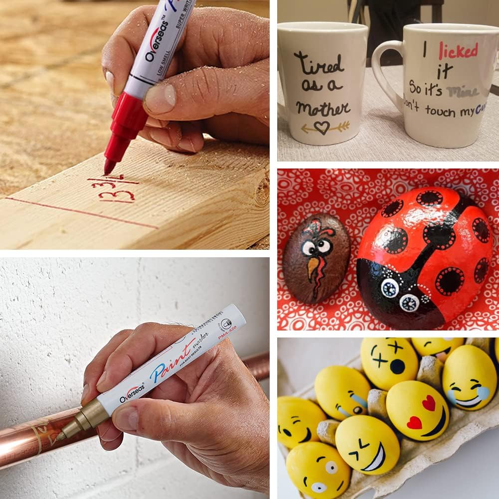 Overseas Permanent Paint Markers Pens - 3 Pack White Oil Based Paint Pens, Medium Tip, Quick Drying and Waterproof Marker Pen for Metal, Rock, Wood, Fabric, Plastic, Canvas, Mugs, Stone, Glass