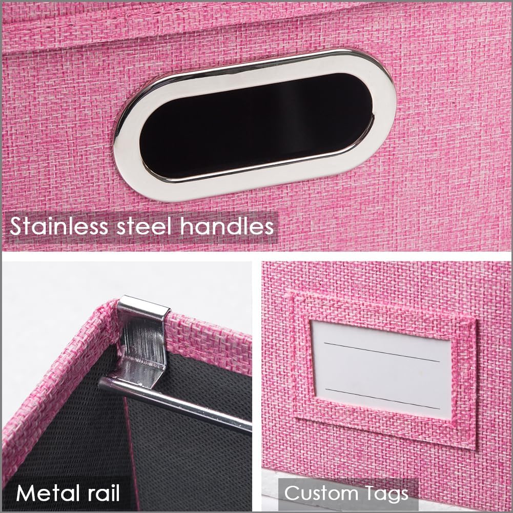 PRANDOM File Organizer Box - Set of 2 Collapsible Decorative Linen Filing Storage Hanging File Folders with Lids Office Cabinet Letter/Legal Size Pink (17x14x11.2 inch)