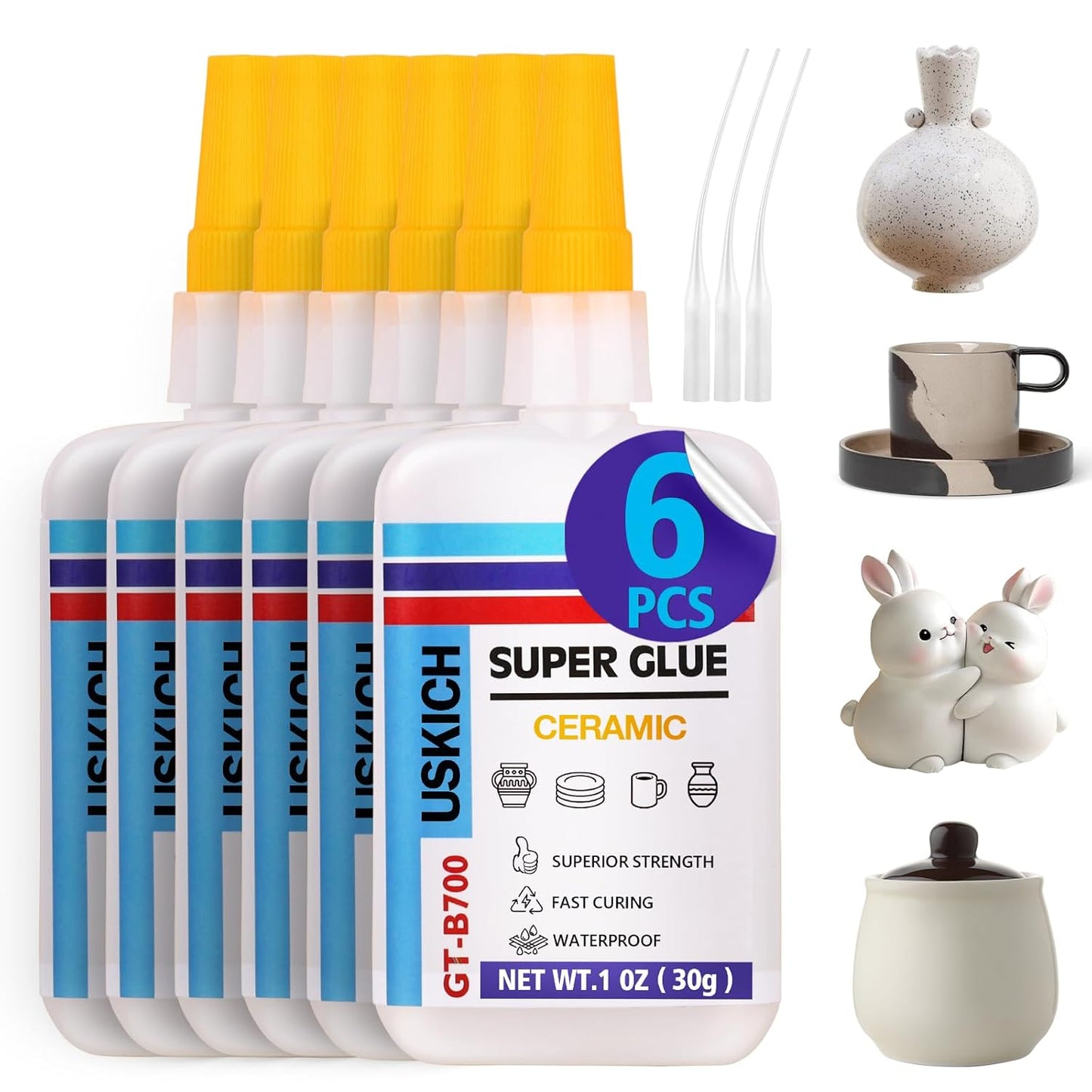 Super Glue for Porcelain and Pottery Repair with Anti Clog Cap. 6 x 1 fl oz,CA Glue - Clear Ceramic Repair Adhesivefor Dishes, Tiles, DIY Crafts, Quick Dry