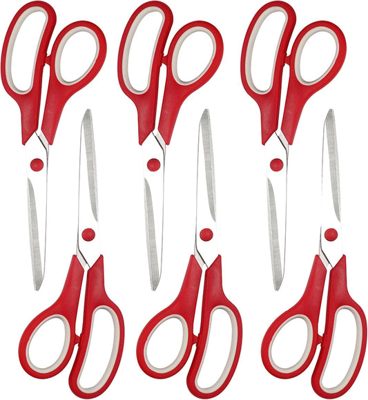 Red Scissors Bulk, Rkqoa 8" All Purpose Scissors Pack of 6- High Performance and Designed for Comfort and Cutting - Sharp to Cut but Soft to Hold. Perfect for Art, Crafts and the Office