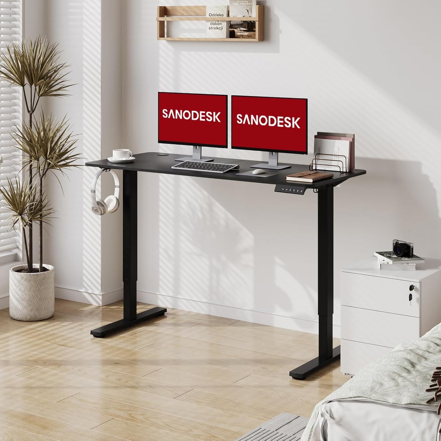 SANODESK Electric Standing Desk 55x24 Inch Height Adjustable Stand Up Desk Home Office Computer Workstation Sit Stand Home Office Desk with Splice Board (Black Frame + Black Top)