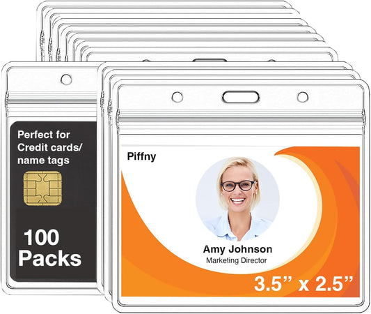 Clear ID Holder for Lanyard - ID Card Holder Waterproof (Inches, 3.5 x 2.25 Horizontal 100 Pack)