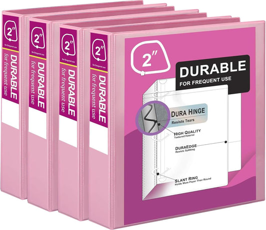 Zzrywuty Durable 3 Ring Binder, 2 Inch, Economy 4 Pack, Each Holds 400 Pages, D-Ring Presentation View Binders for Office, School, Home (Pink)