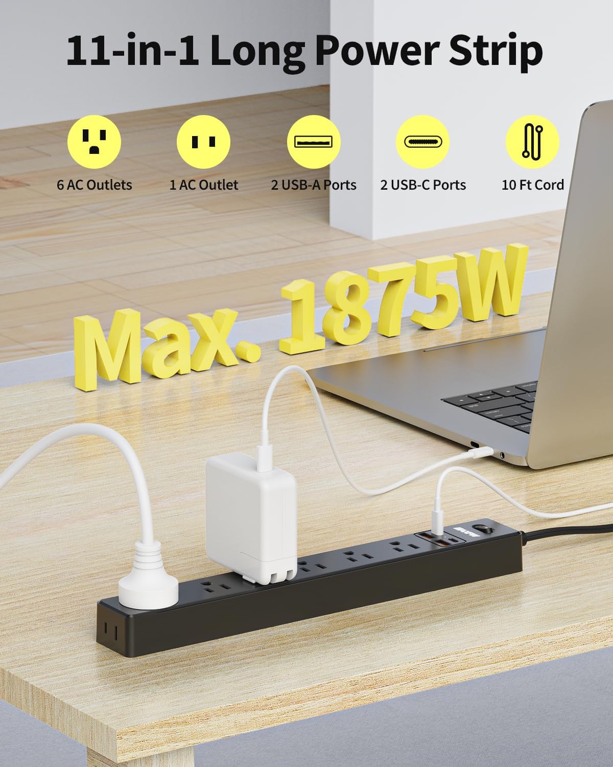 2 Pack Power Strip Surge Protector - 7 Outlets 4 USB Ports (2 USB C), Maxpw 10 Ft Ultra Thin Flat Plug Extension Cord, 1875W/15A, 1700 Joules, Wall Mount for Home Office Dorm, Black