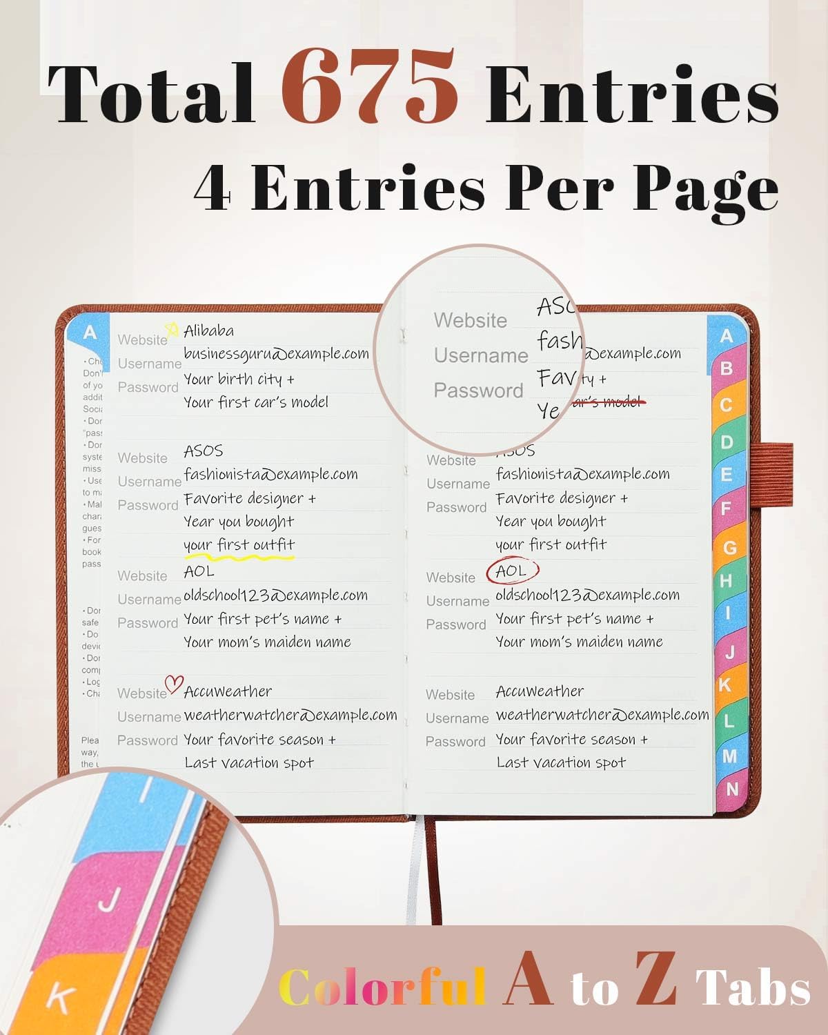 Small Password Keeper Book with Colorful Alphabetical Tabs, Hardcover Password Log-book for Internet Password and Website Address, 4.1"×6.2" Password Notebook for Home Office (Sienna)