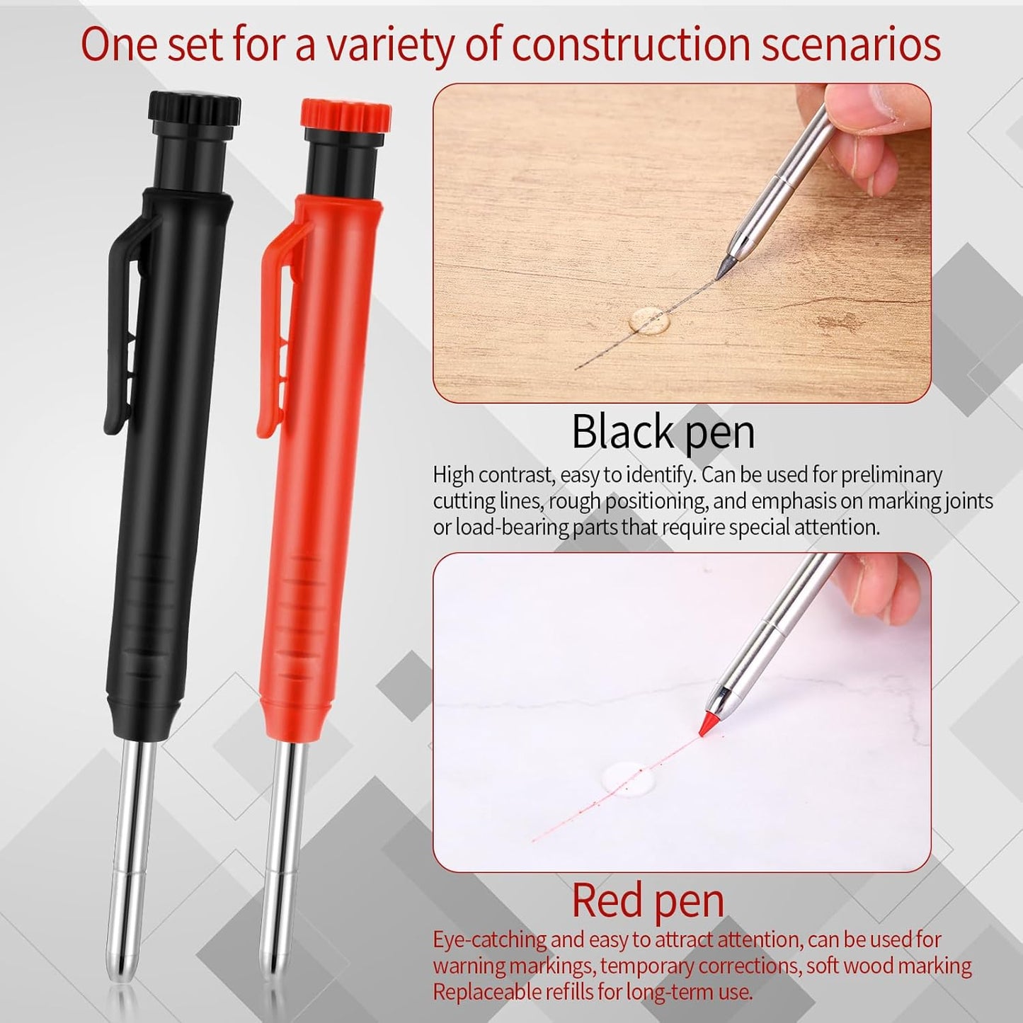 8 pack 2.8mm Mechanical Carpenter Pencils with 48 Refills, Construction Pencils with Built-in Sharpener, Long Nib Deep Hole Marker, Heavy Duty Woodworking Tools (Black+red)