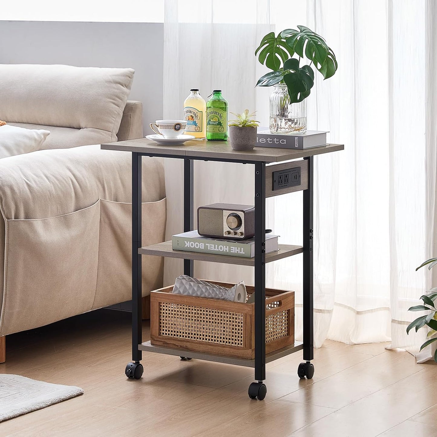 Lerliuo 3-Tier Printer Stand with Charging Station, Industrial Mobile Printer Table with Storage Shelf and Steel Frame, Rolling Printer Cart Holder with Lockable Wheels for Home, Office (Oak)