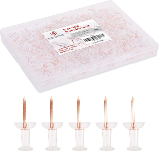 PAPERPAL 280 Rose Gold Push Pins for Cork Board, Clear Thumb Tacks for Wall Hangings, Pushpins for Office School & Personal Use, Standard Size Push Pin Tacks