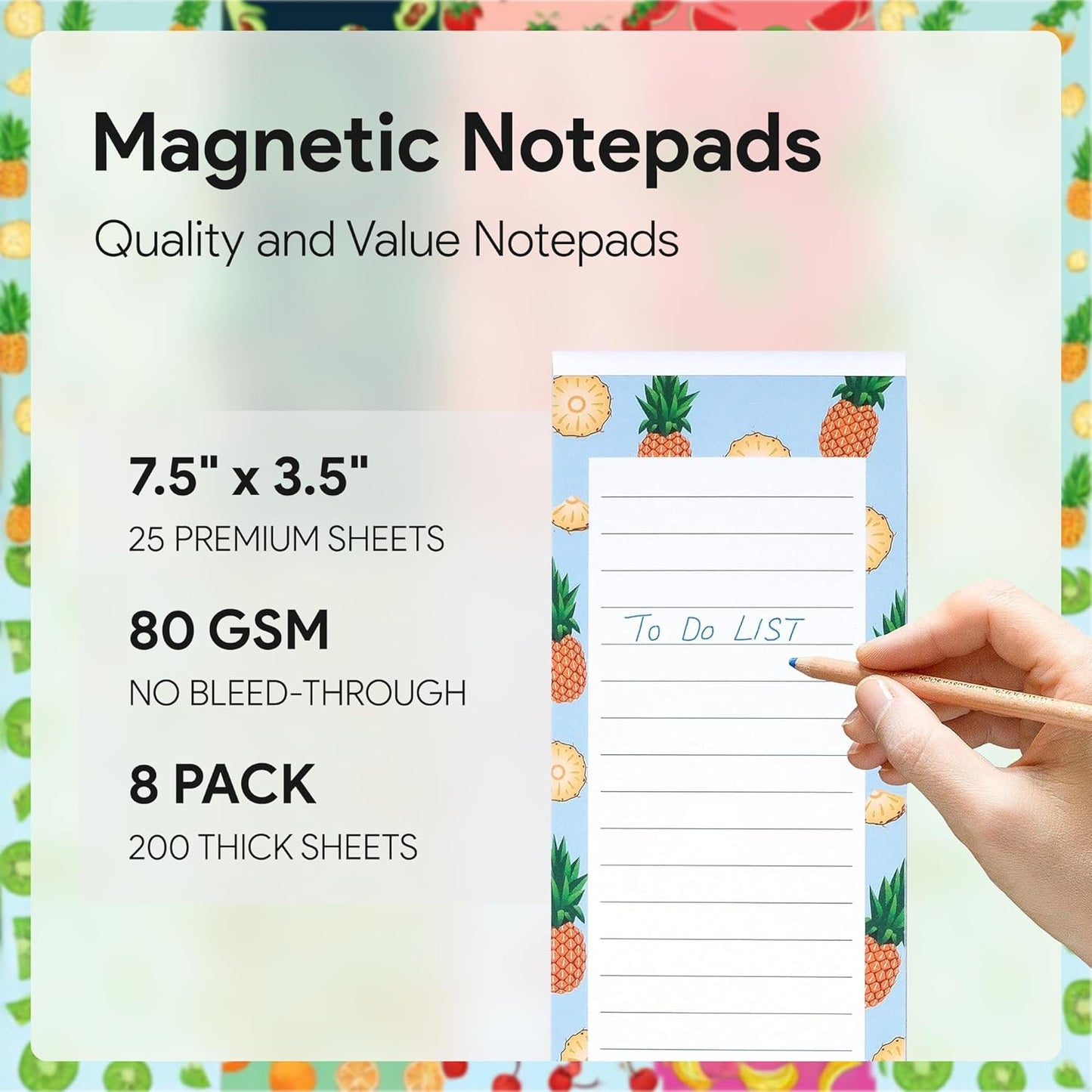 8 Magnetic Notepads – Notepads for Grocery List, Shopping List, To-Do List, Reminders -Strong Magnetic Back- Memo Notepad with Realistic Fruit Designs | 25 Sheets per Pad 7.5 x 3.5 inch (8 Pack)