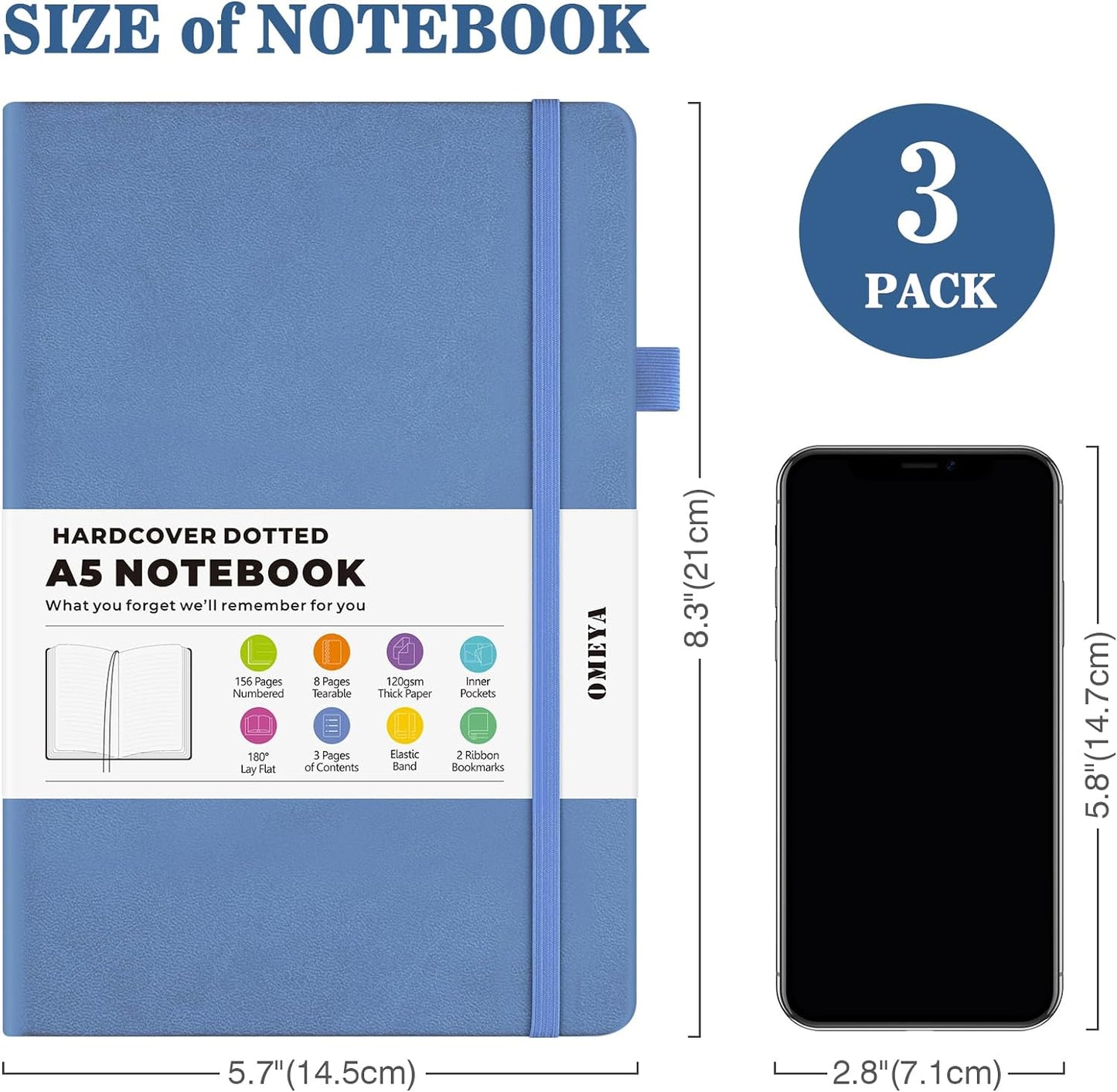 Bullet Dotted Journal Notebook 3 Pack, A5 Dotted Journal with 120gsm Paper, Leather Dotted Notebook, Hardcover Dot Grid Notebook Each with 156 Nmubered Pages, Dot Journal for Women, 5.75" × 8.38"