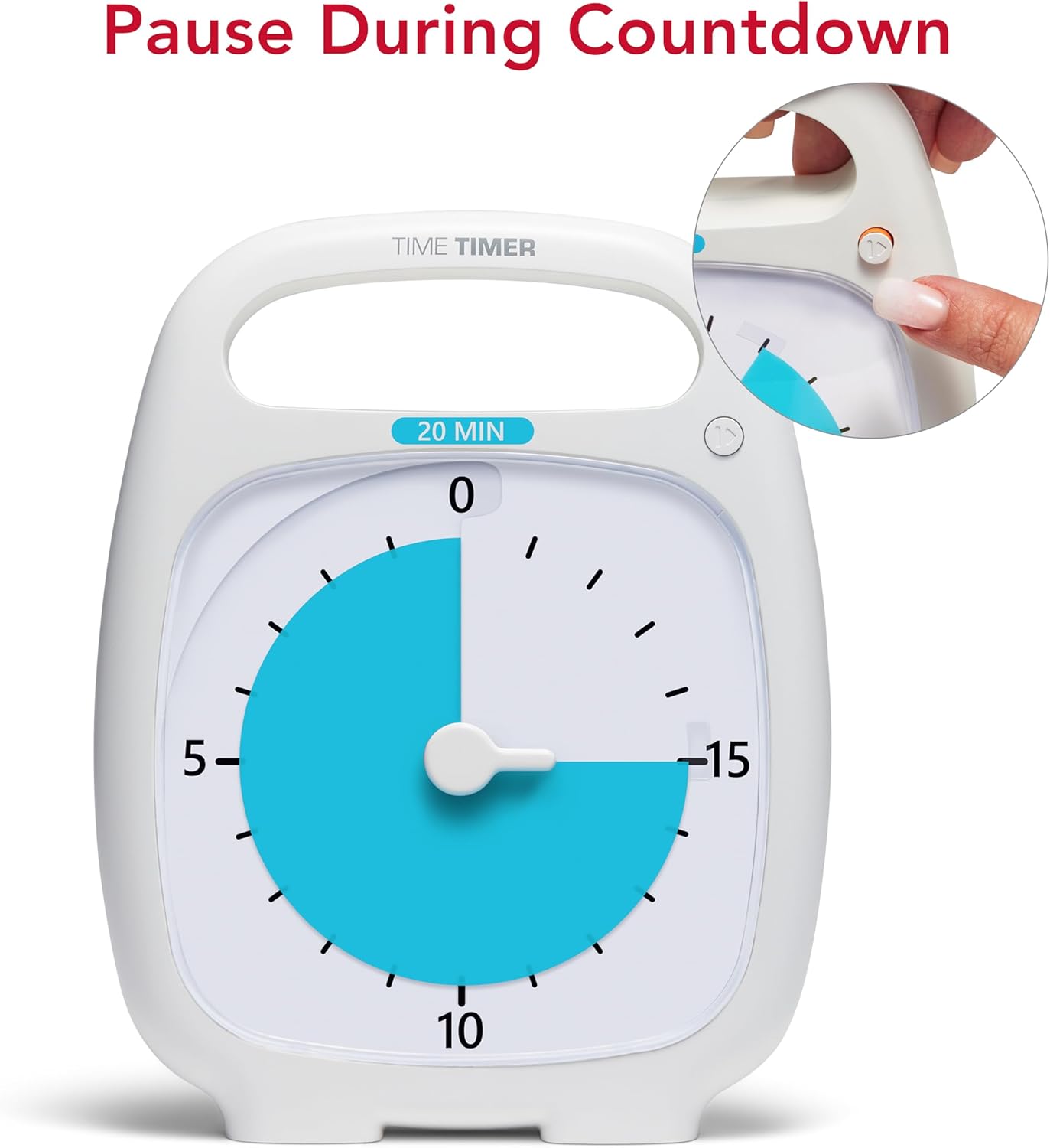 Time Timer PLUS 20 Minute Desk Visual Timer — Countdown Timer with Portable Handle for Classroom, Office, Homeschooling, Study Tool with Silent Operation (White)
