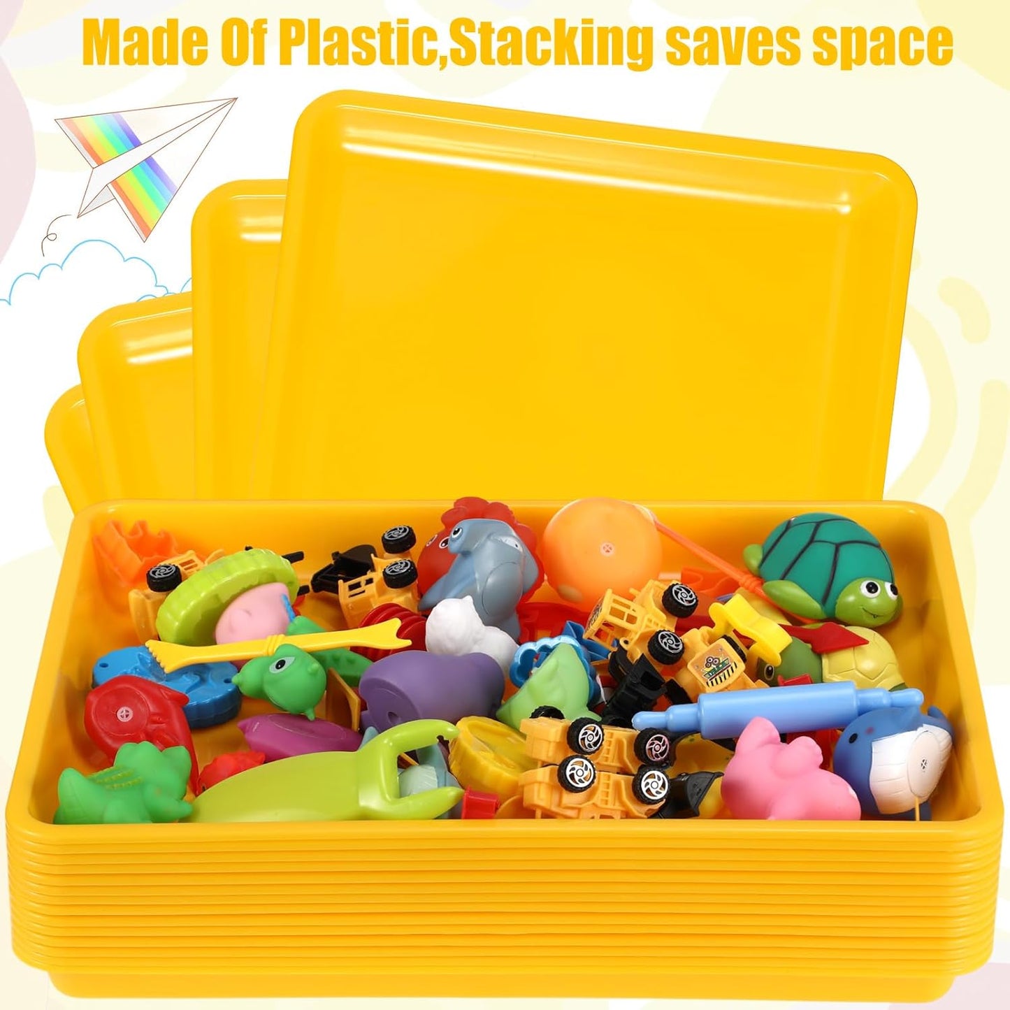 Maitys 15 Pcs Flat Plastic Trays 16.1 x 11.8'' Sensory Storage Paper Tray Stackable Classroom Bins for Office Home Organizer Crafts Supplies(Yellow)