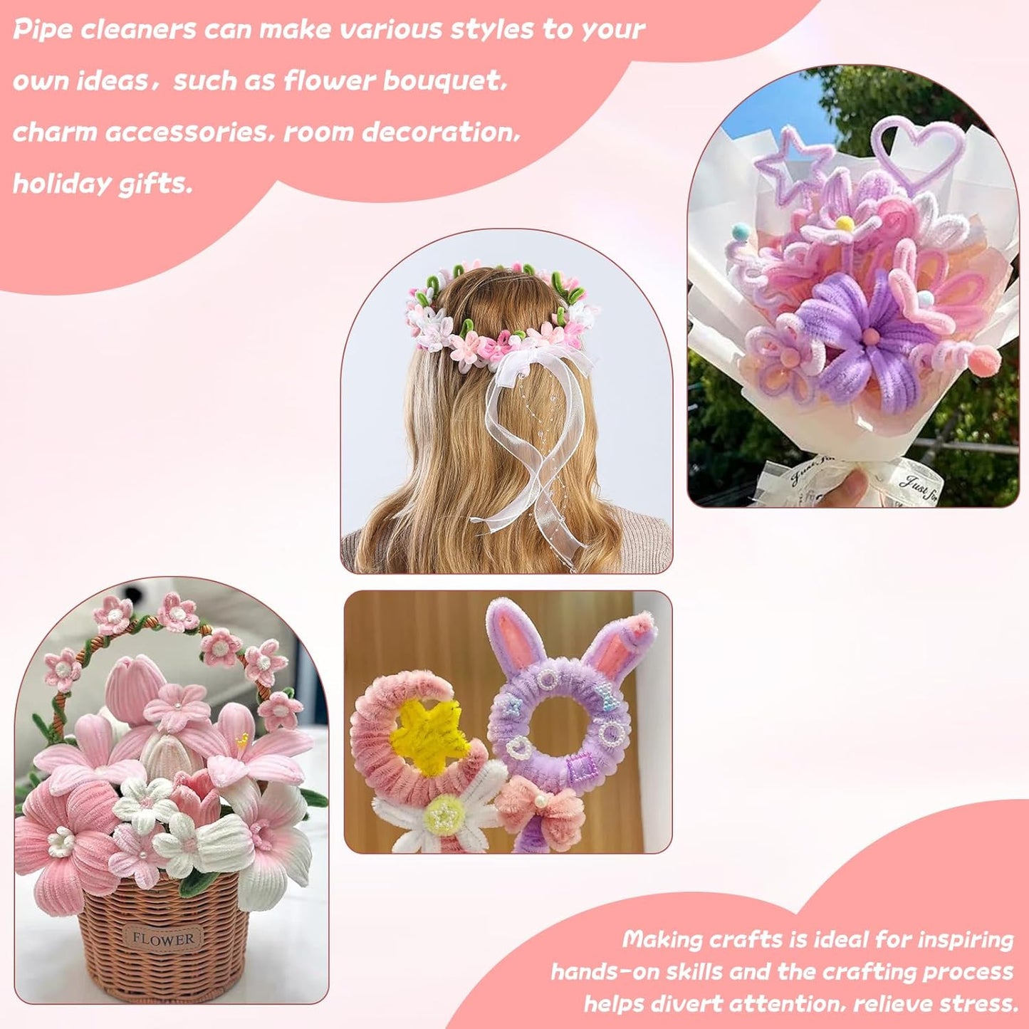400 Pcs Craft Pipe Cleaners Flowers,4 Colors Chenille Stems Bulk with Floral Wires,Tape,Greeting Card,Bouquet Paper,Hot Glue Stick,Stamen & Ribbon, Holiday Gifts for Women,Men,Teens,Elder
