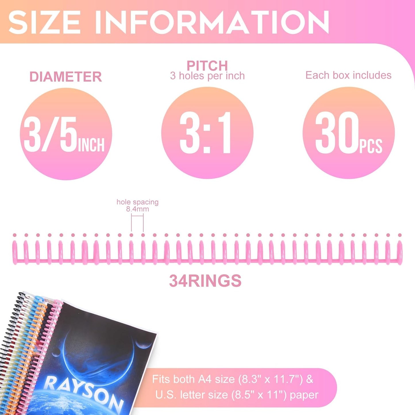 Rayson Click Binding Spines, 34-Hole Click Binding Ring for A4 and U.S. Letter Size Paper, Multi-Color, 3/5" Diameter, 3:1 Pitch, Binds Up to 120 Sheets, 30 Pack