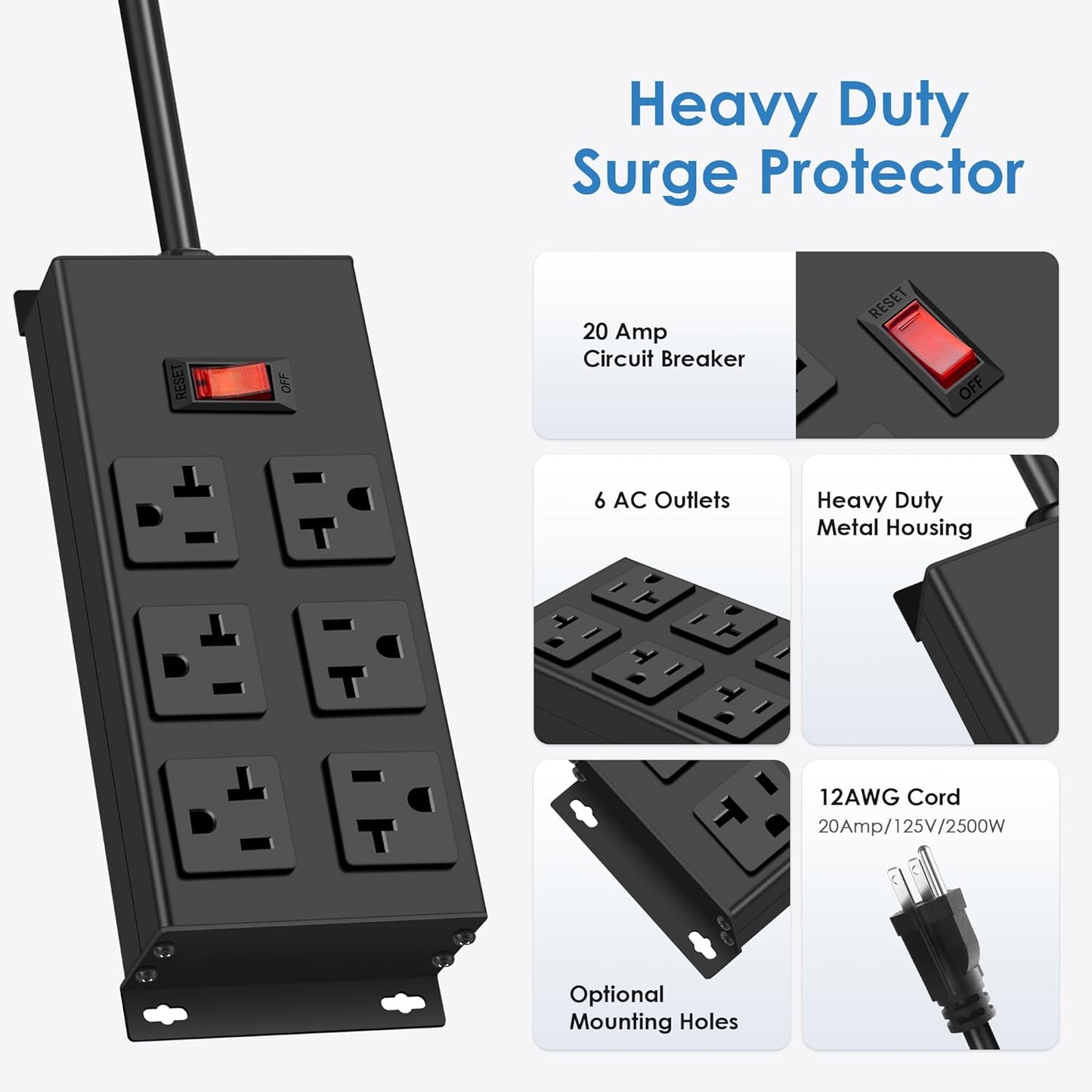 JUNNUJ Heavy Duty 20 Amp Power Strip, Garage 6 Outlets Metal 12 Gauge Surge Protector 3000J, High Amp 5-15P Adapter Shop 6-20R T-Slot Industrial (6AC, 10FT)