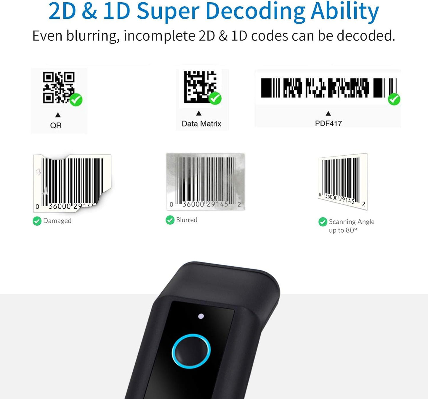 Portable 2D Bluetooth Wireless Barcode Reader Scanner with Stand, Symcode Handheld Cordless QR Bar Code Scanner 3-in-1 Bluetooth 4.1 & 2.4G Wireless & USB Wired Bar Code Reader Scanner with Stand