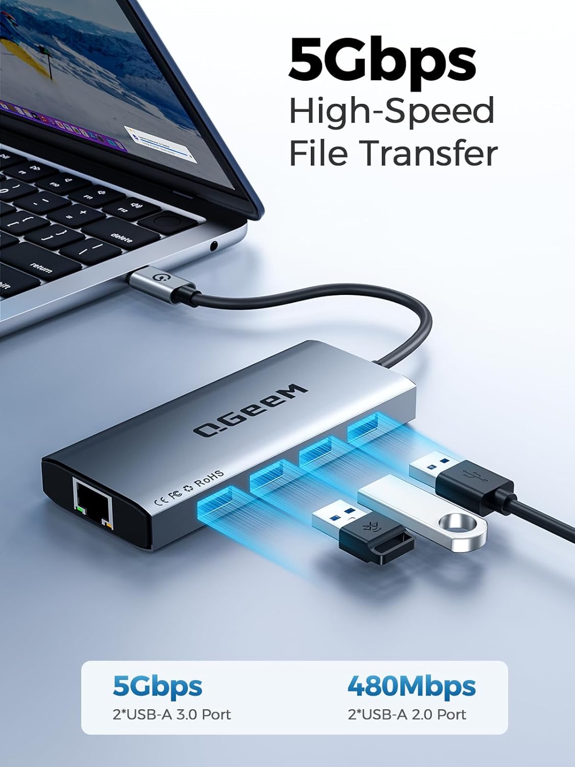 QGeeM USB C Hub Ethernet,9 in 1 USB Type C Hub HDMI Multi-Port Converter Adapter,100W Pd, USB 3.0,SD/TF Card Reader,Compatible for MacBook Pro Air Ipad HP Dell Lenovo Chromebook etc.