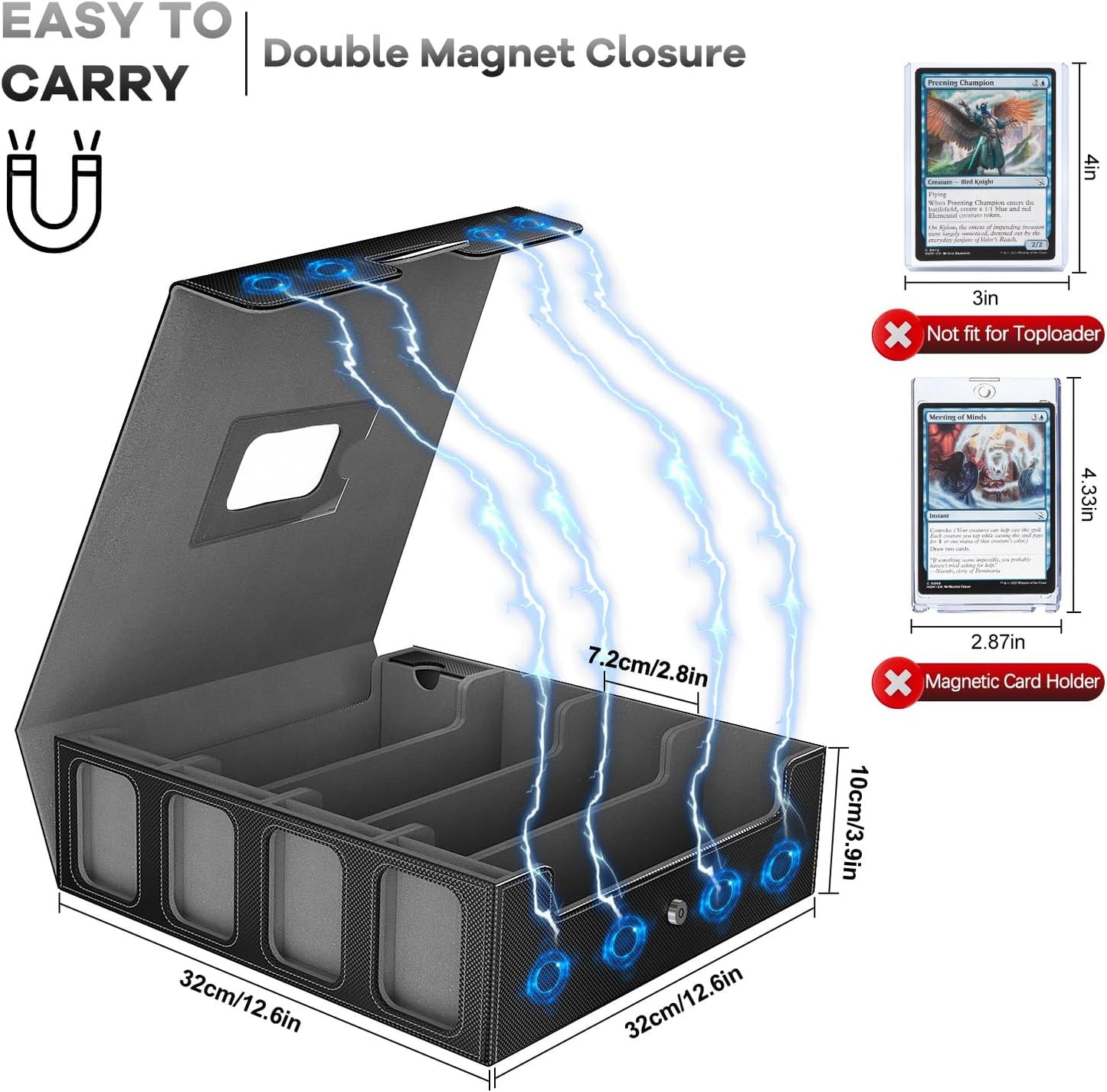 3200+ Trading Card Storage Box with Commander Display, 4 Row Card Deck Box with Portable Handle, Compatible for TCG/MTG/Magic Cards, 30 Colorful Divider, 8 Supporters, US Design Patent (Black&Grey)