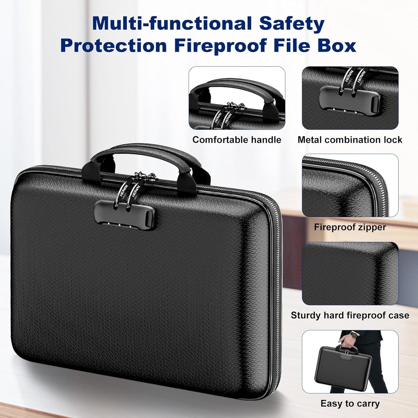 Fireproof Document Box, Hard Case Fireproof File Organizer with Lock and 13 Pocket Accordion File Folder, Portable Safe Box for Home Office Travel to Storage Important Documents Laptop Black