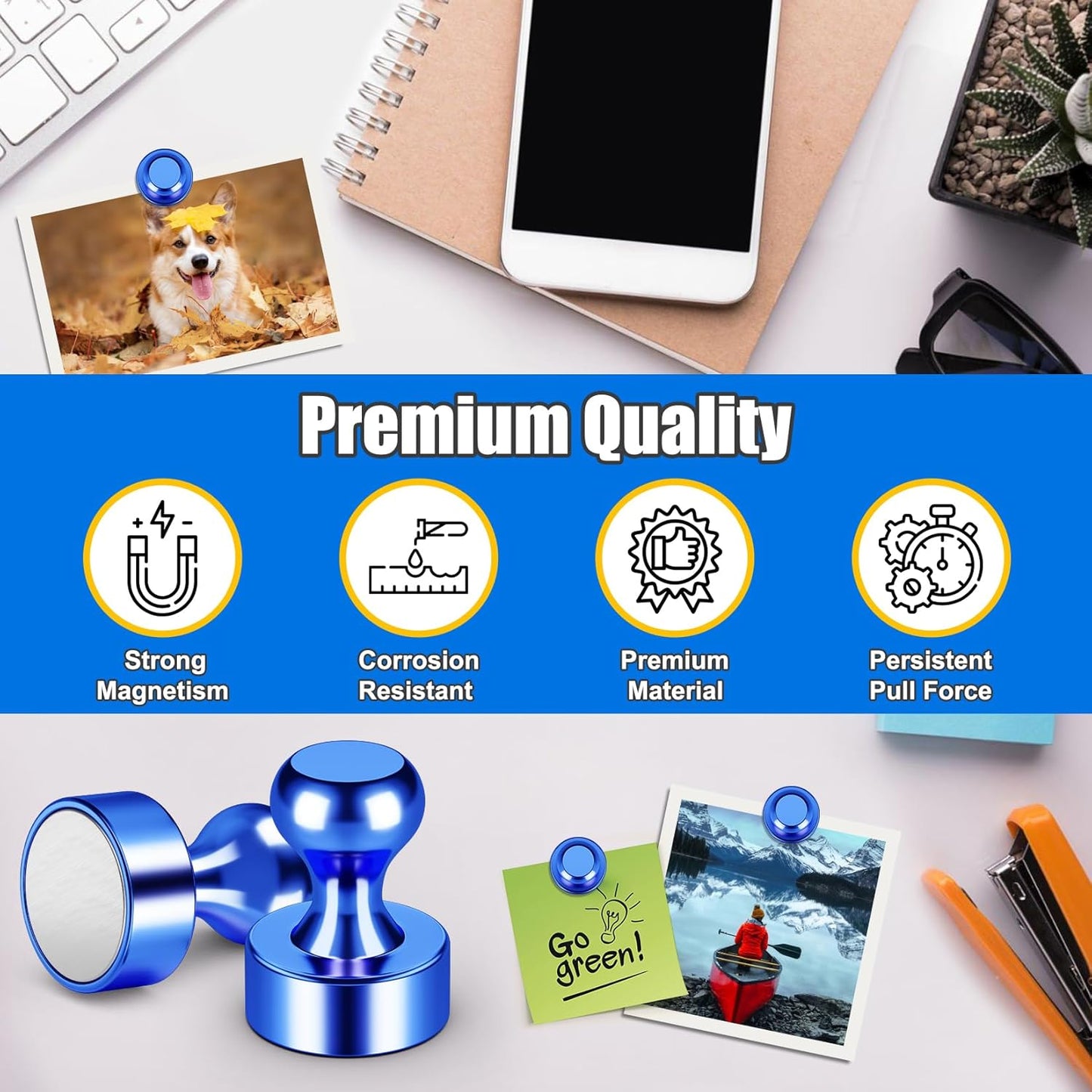 Strong Whiteboard Magnets, Small Magnetic Push Pins for Refrigerator, Circle Blue Metal Neodymium Magnet for Office, Kitchen, Crafts, Bulletin Board, Locker Accessories, Shopping List