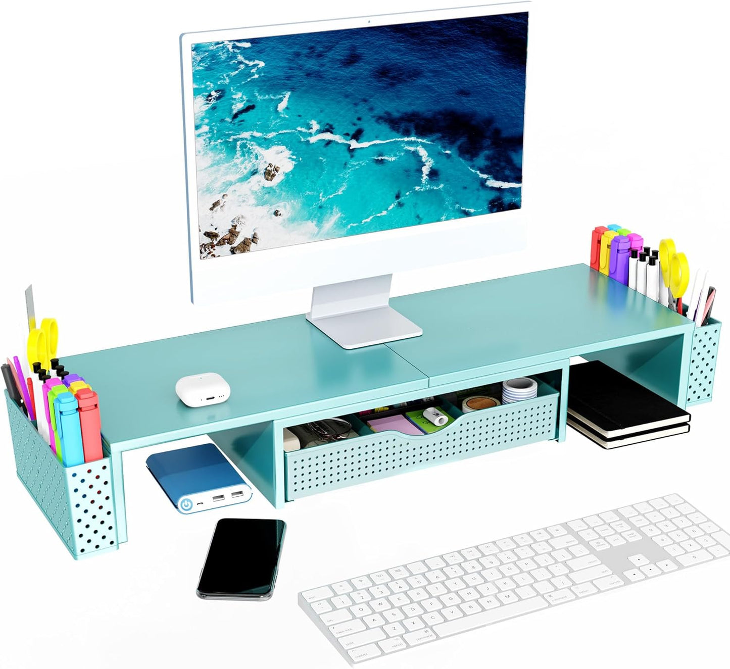 Spacrea Metal Desk Organizers and Accessories, Dual Monitor Stand Riser with Drawer and 2 Pen Holders, Desk Accessories & Workspace Desktop Organizers for Office Supplies (Blue)