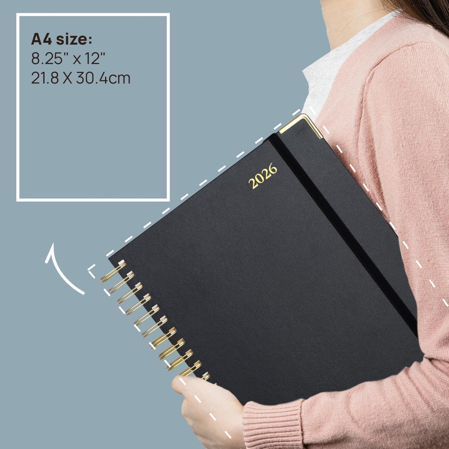 POPRUN 2026 Daily Planner One Page A Day - [A4 Large Size 8.25" x 12" -Spiral Hard Cover], Agenda 2026 Hourly Appointment Book with Monthly Calendar, Pen Holder, Ivory Paper -Light Yellow