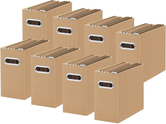 Oterri File Organizer, 8 Packs Small Storage Box, Cardboard File Folder Organizer, Collapsible File Box for Hanging File Folders Letter Size, Portable Filing Organizer with Handle (Brown)