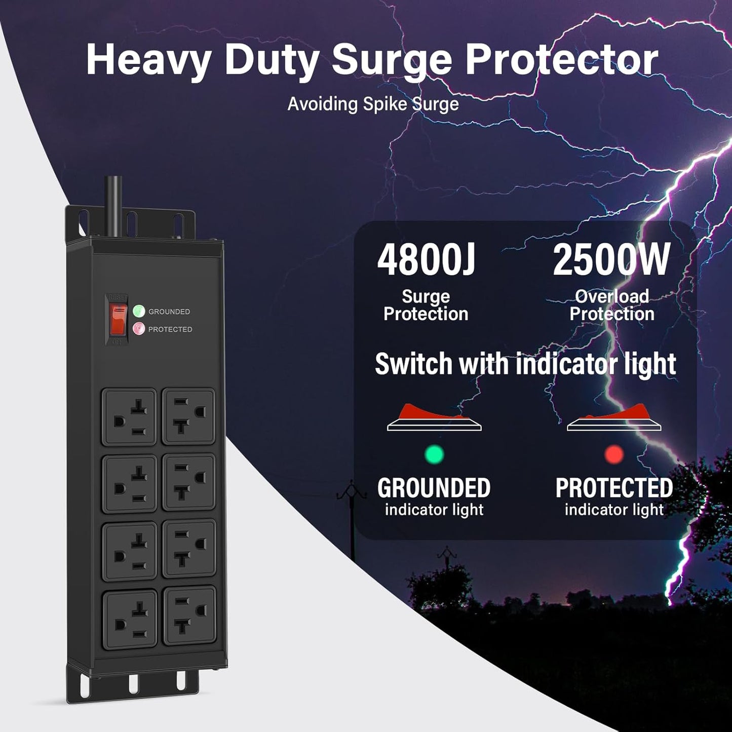 CCCEI Black Heavy Duty Power Strip Surge Protector 20 AMP, 8 Outlets 12 Gauge Industrial Shop Garage Metal Multiple Outlets, 6 FT Extension Cord 5-15P Adapter High Amp 6-20R T-Slot 20a for Appliance
