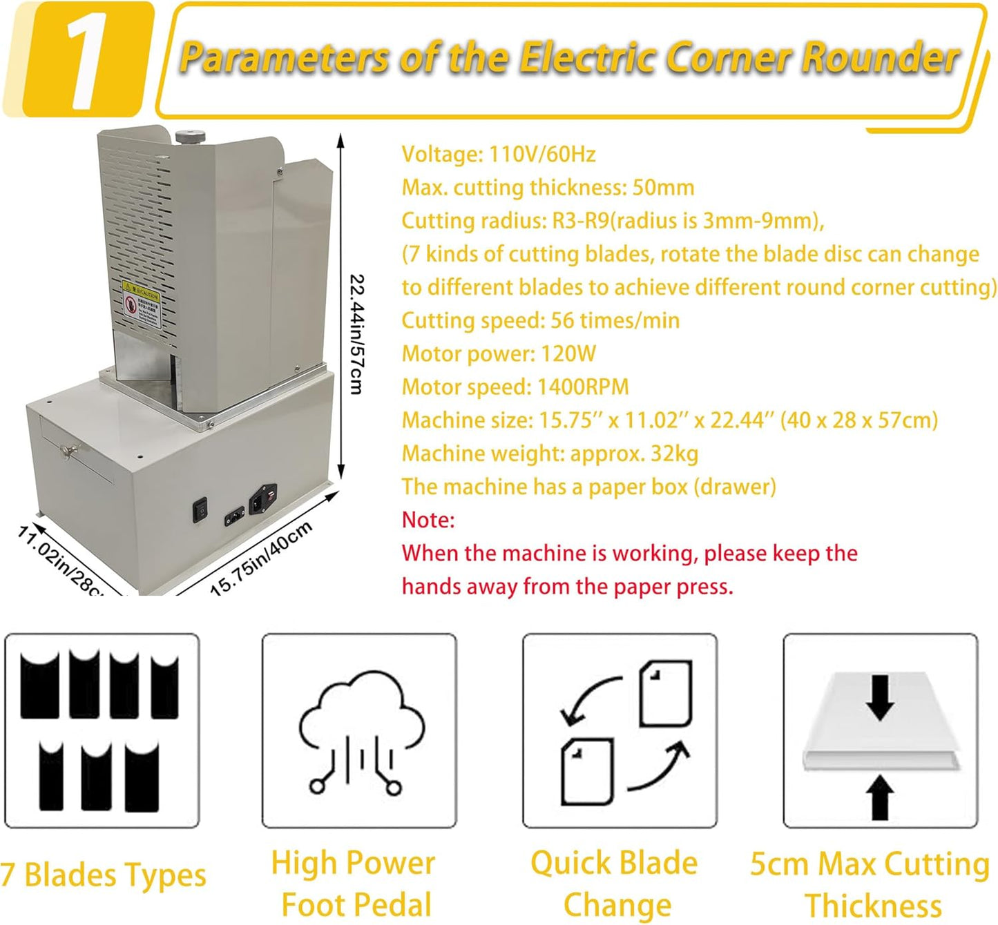 Electric Corner Rounder Machine 50mm Capacity Round Corner Cutter with Safety Guard & Foot Pedal 7PCS Blades R3-R9 Commercial Corner Rounding for Documents Certificates Books Packaging