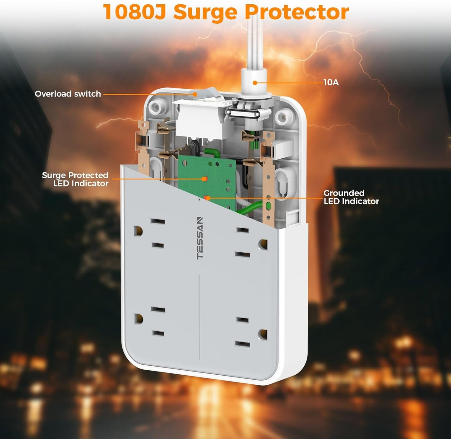 TESSAN Flat Extension Cord 10 FT with Flat Plug Power Strip, Small Extension Cord with 6 AC Outlet 1 USB C and 2 USB A, 1080J Surge Protector Power Strip, Wall Mount for Dorm Room Office Home