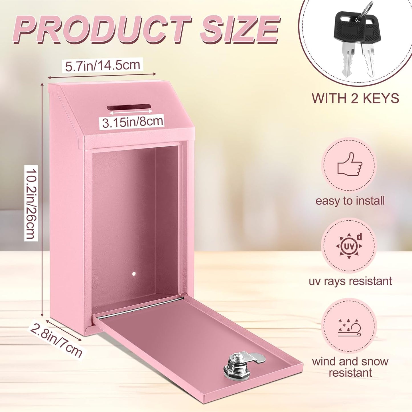 Metal Donation Cash Box Collection Safe Suggestion Box with Lock Wall Mounted Mailbox Delivery Ballot Container for Home Office Outdoor Door(Pink)
