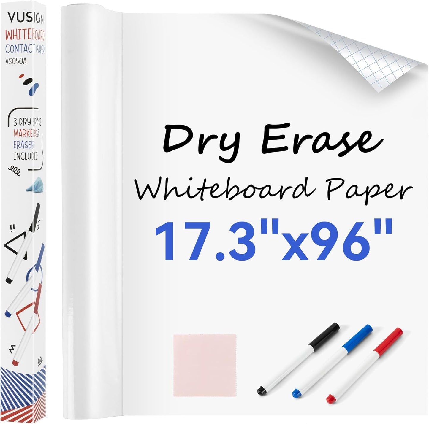 Vusign Whiteboard Sticker for Wall, 96" x 17.3" Dry Erase Board Wallpaper Peel and Stick，Self-Adhesive White Board for School, Office, Home, Kids Drawing with 3 Pen, 1 Cleaning Cloth