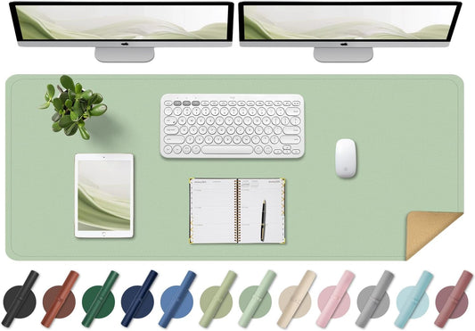 BLESWIN Large Desk Pad Mat 47.2"" x 17"", Office Desk Mat, Non-Slip PU Leather & Cork Desk Blotter for Keyboard and Mouse, Large Desk Mat, Large Mouse Pad for Office & Home(Light Green)