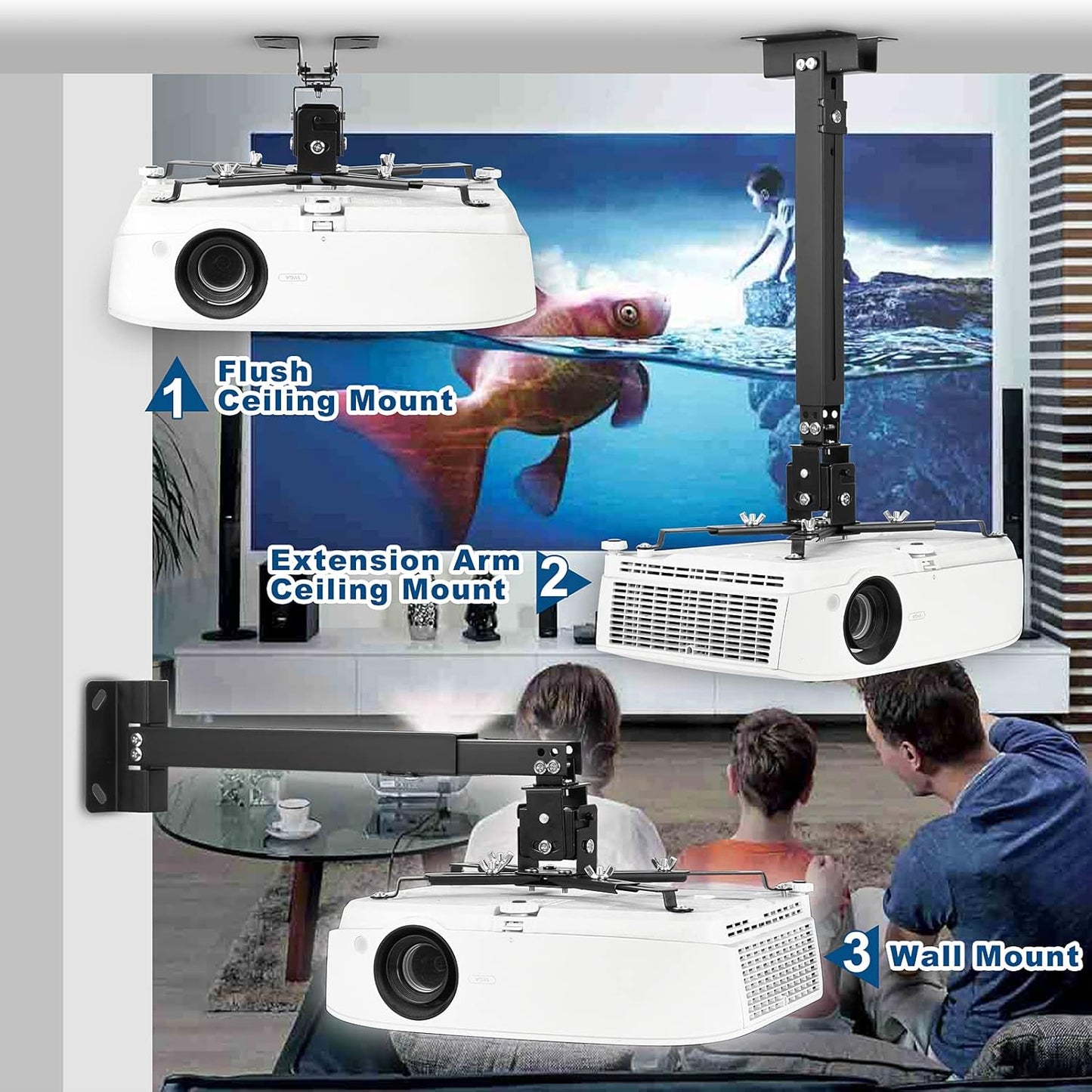 3-in-1 Projector Mount Wall/Ceiling Projection Bracket, Universal Height Adjustable Hanging Mount Bracket Holder with Extension Pole for Home and Office Projector