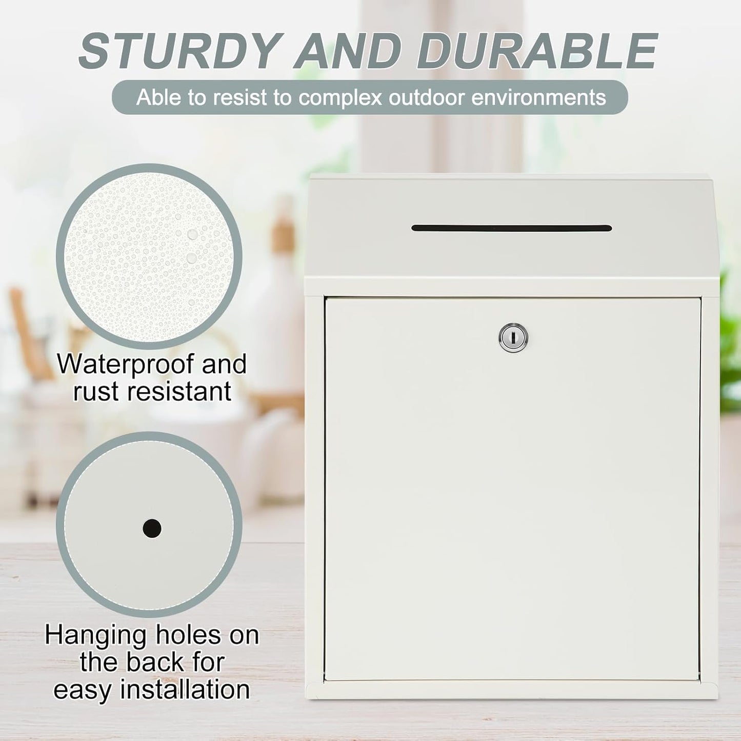 Metal Donation Cash Box Collection Safe Suggestion Box with Lock Wall Mounted Mailbox Delivery Ballot Container for Home Office Outdoor Door(White,15 x 12 x 4 Inch)