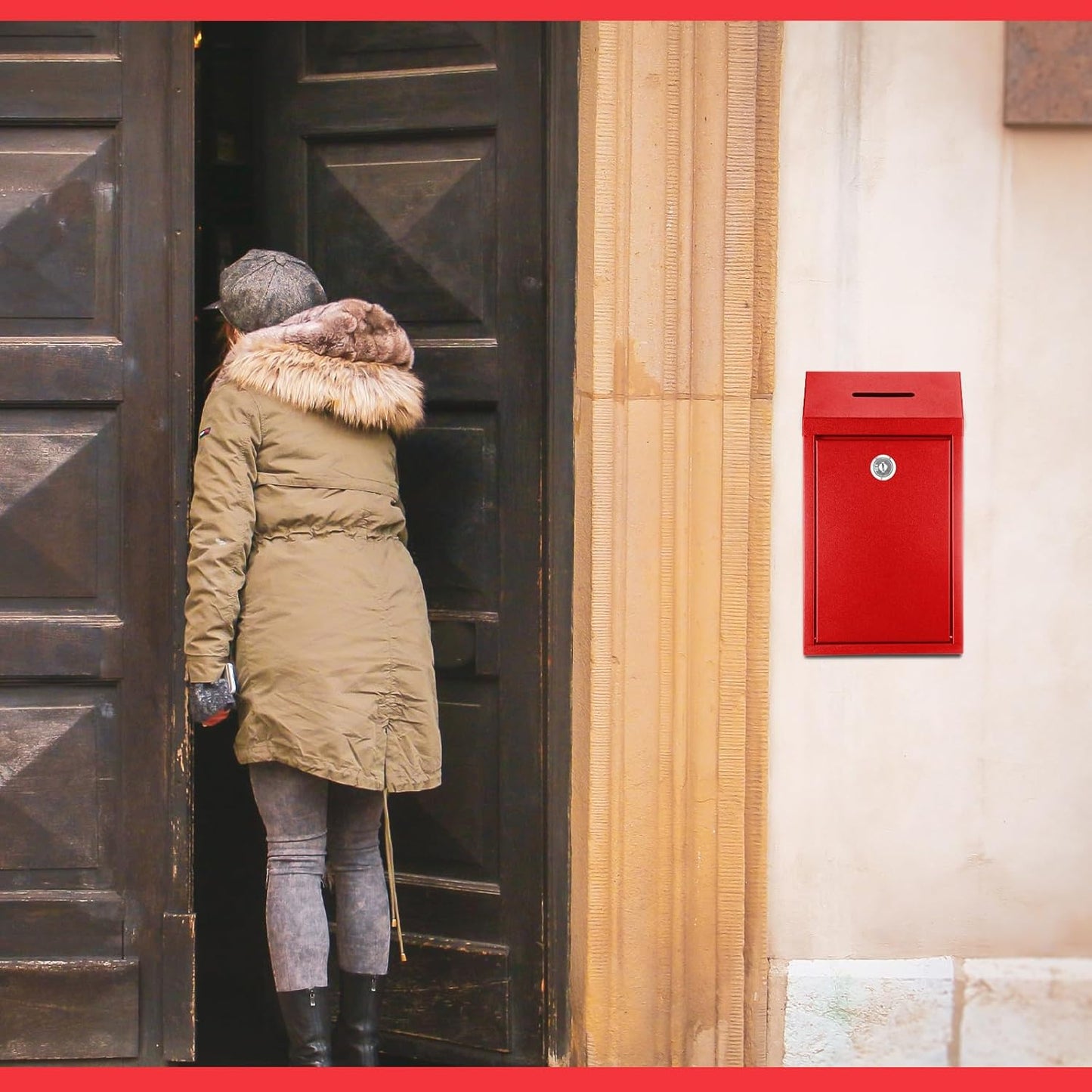 Metal Donation Cash Box Collection Safe Suggestion Box with Lock Wall Mounted Mailbox Delivery Ballot Container for Home Office Outdoor Door(Red)