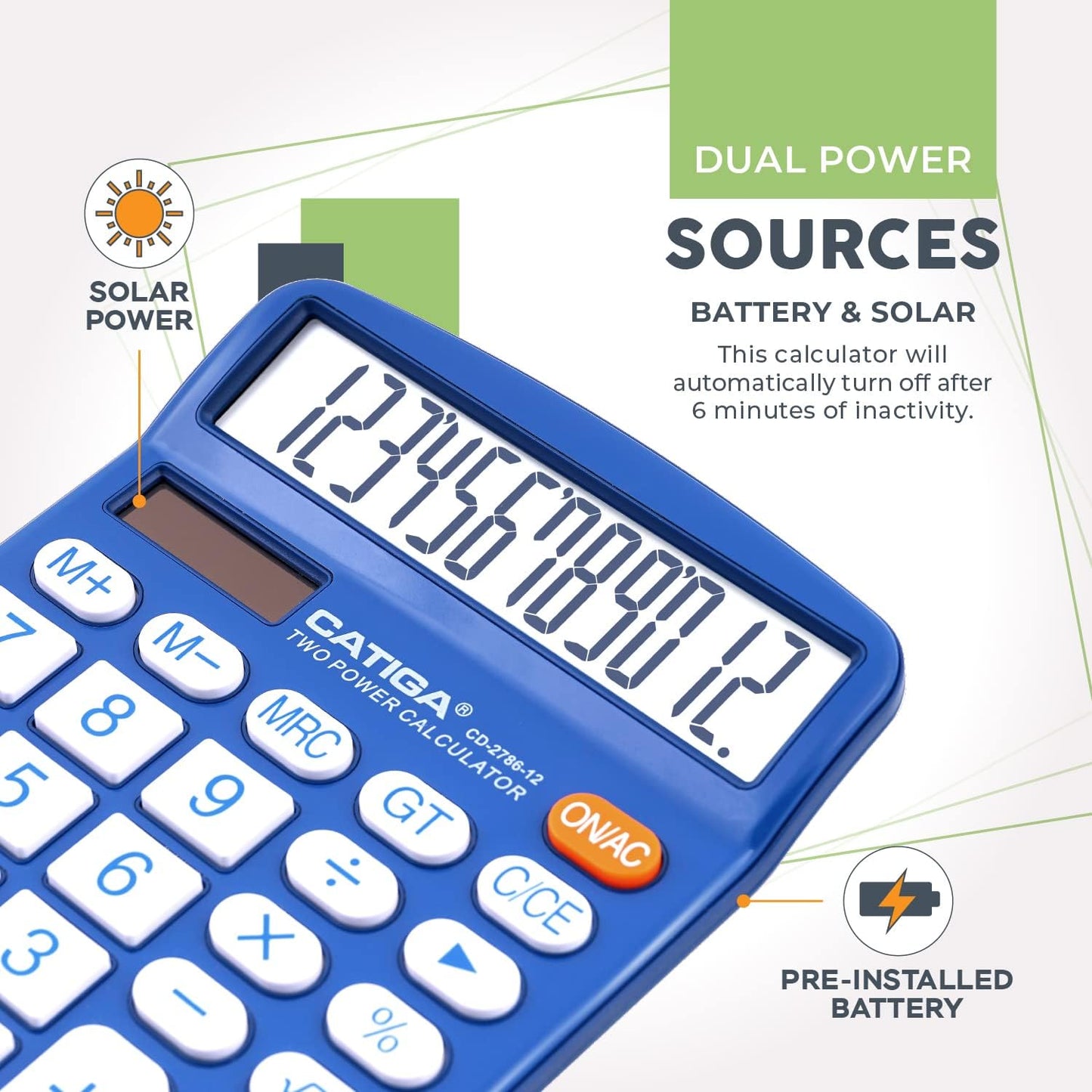 CATIGA Desktop Calculator 12 Digit with Large LCD Display and Sensitive Button, Solar and Battery Dual Power, Standard Function for Office, Home, School, CD-2786