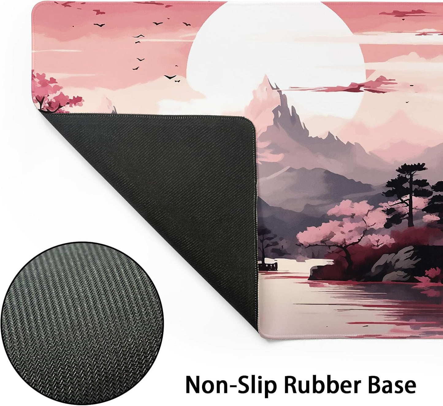 Pink Japanese Sakura Gaming Mouse Pad Large XL Cherry Blossom Tower Mountain Landscape Extended Desk Mat Big Mousepad Non-Slip Rubber Base Stitched Edge Long Desk Pad for Computer,24x14 in,60x35cm