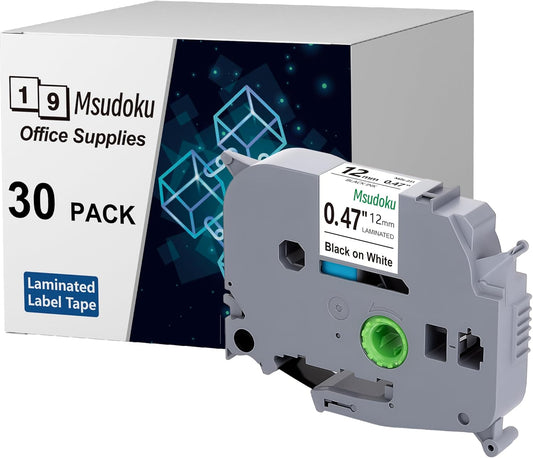 Tze TZ Tape 12mm 0.47 Laminated White Compatible for Brother Label Maker Tape 12mm 1/2" Black on White for Ptouch PT PTD200 PTD410 D210 D220 D610 P710BT PTH110, 30-Pack